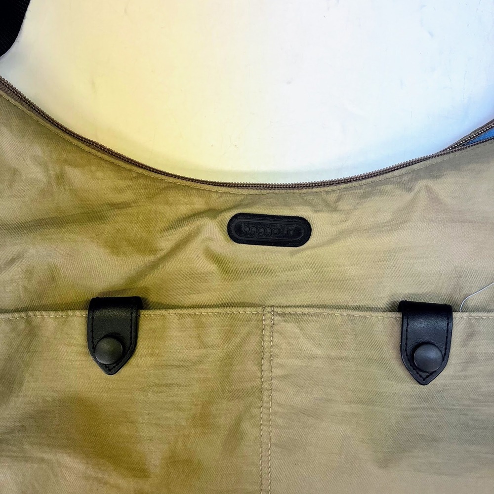 Baggallini Khaki Nylon Crossbody Hobo Bag Adjustable Strap Tan Blue Lining - Picture 5 of 14